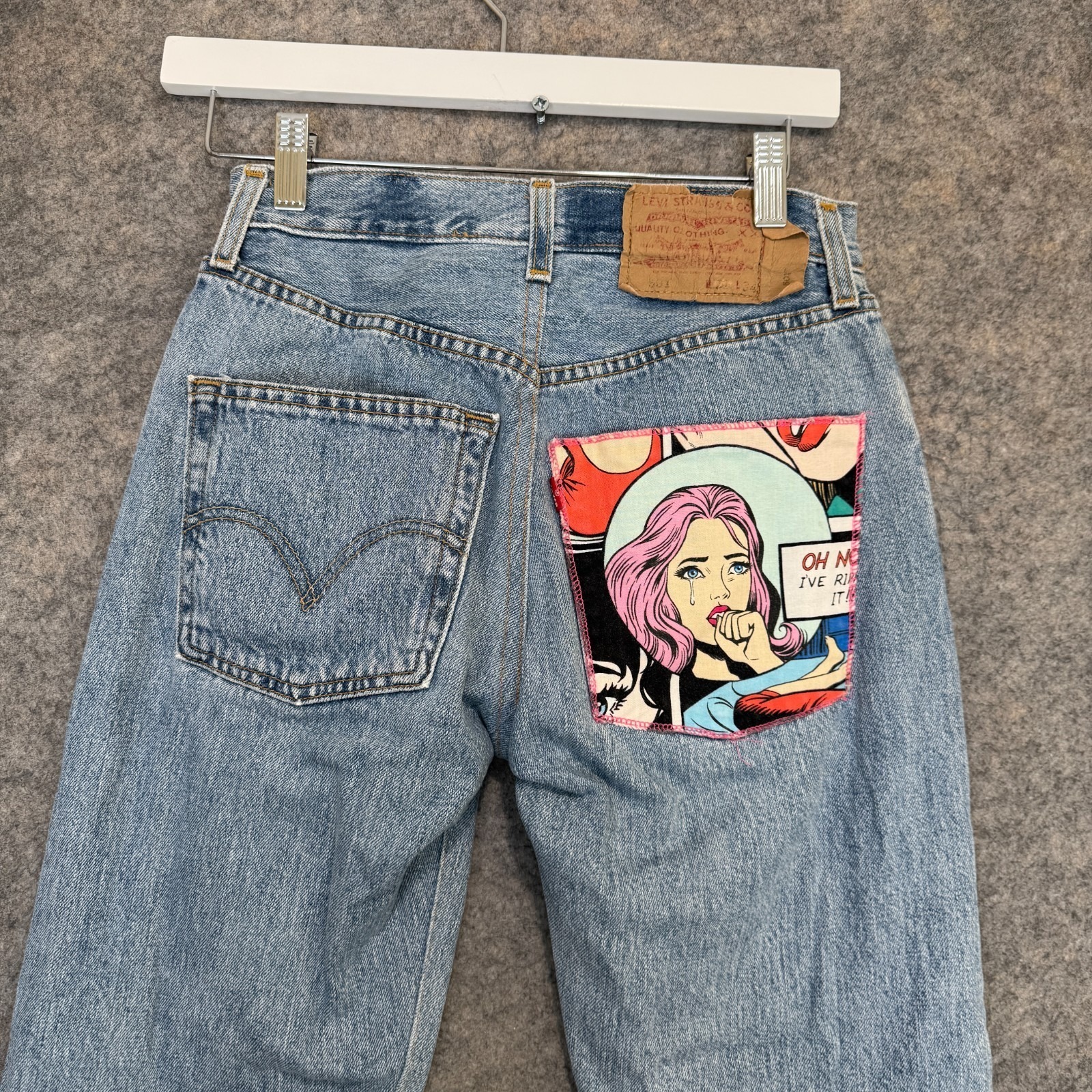 Vintage Levi's 501 Jeans 25x27 Pop Art Comic Patch Denim Anime Unique 90s Usa